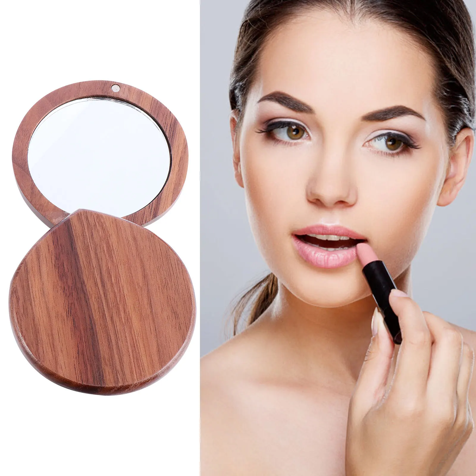 1pc Portable Makeup For Women Girls Lightweight Travel Desktop Mini Walnut Mini Walnut Mirror Shape Mirror