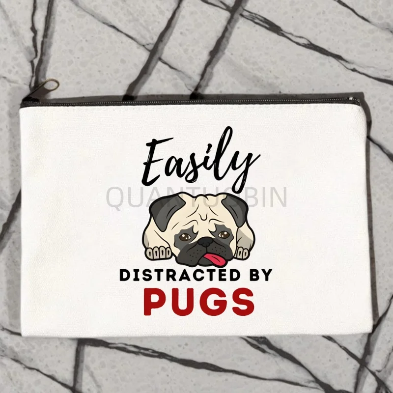 Bolsa de Maquiagem de Lona Pequena para Mulheres com Estampa de Cachorro Pug, Necessaire de Viagem para Cosméticos, Bolsa de Higiene Pessoal Portátil para Mulheres, Kit de Bolsa de Maquiagem