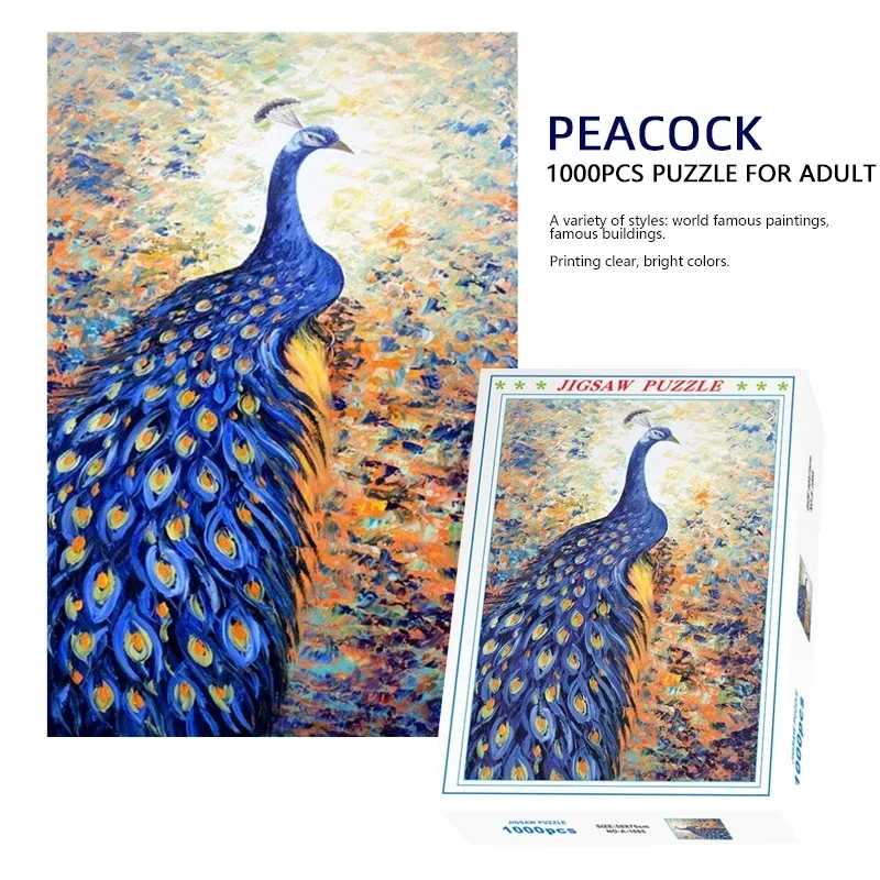 

75*50cm 1000pcs Paper Jigsaw Peacock Animals Series Home Decoration Painting Adult Stress Relief High Quality Educational Toys