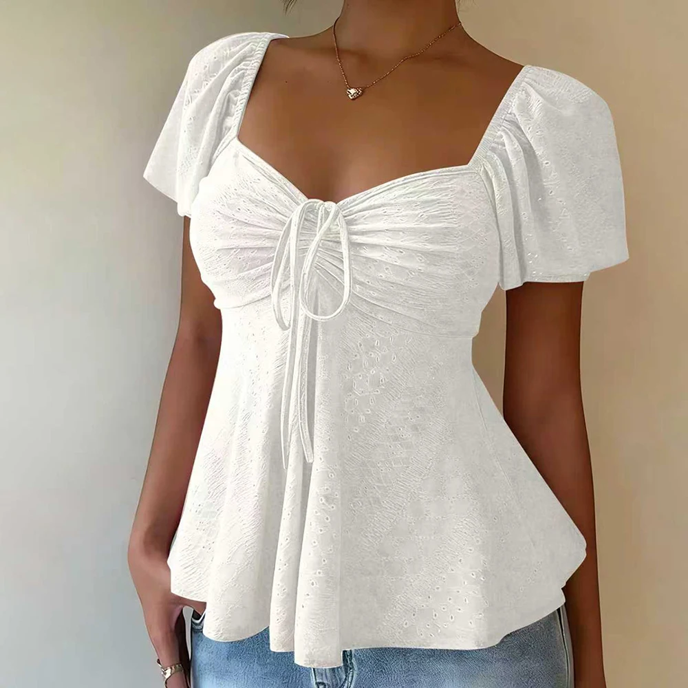 V neck Short Sleeve Drawstring T shirt for Women Solid Color Fashion Top Ideal for Daily Outings Club and Holiday Looks