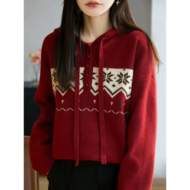 

Утепленный вязаный свитер с капюшоном для женщин, красный, свободного кроя, с длинными рукавами, повседневная теплая верхняя одежда