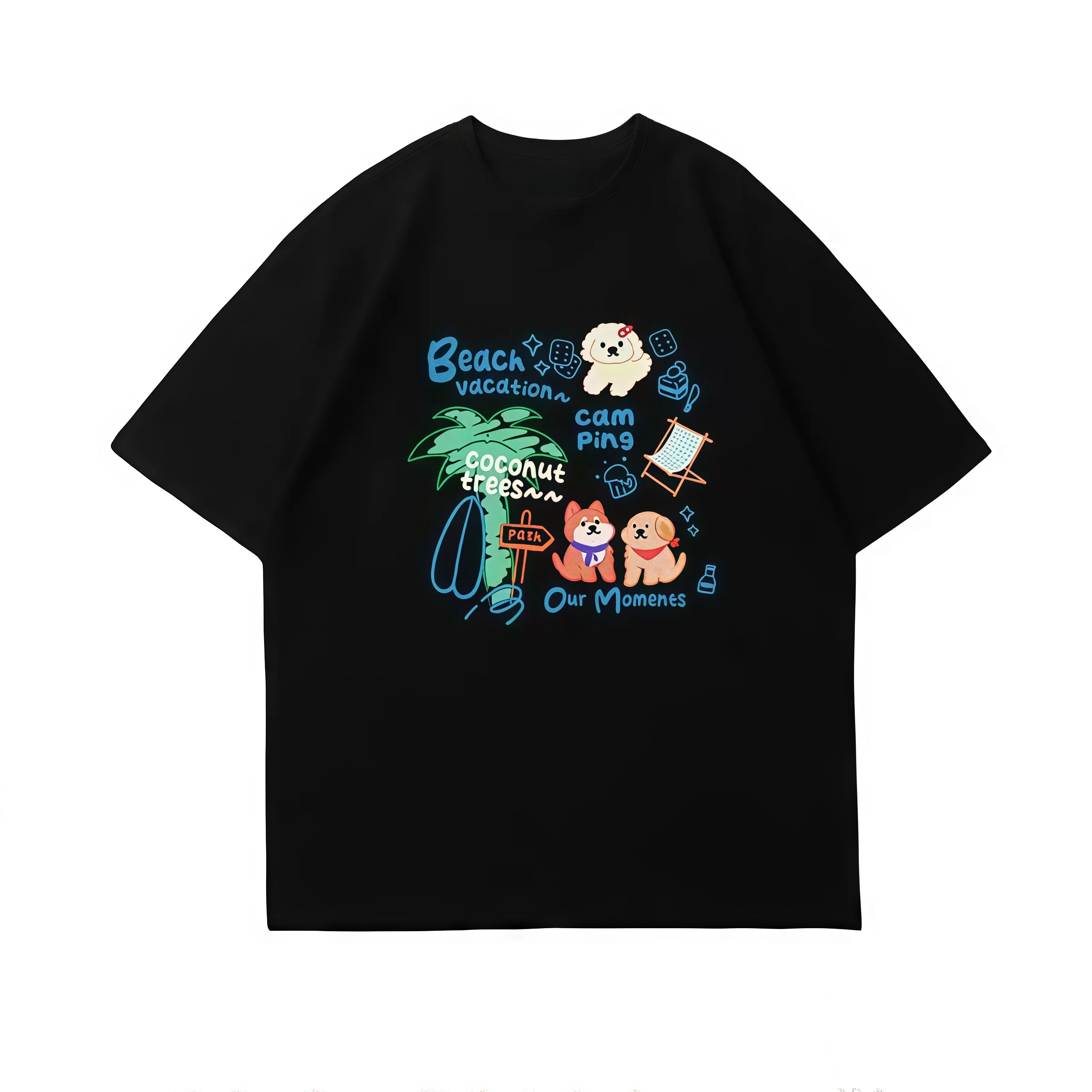 2026 Hot Sale Women Men Beach Vacation Dog Doodle T-Shirts Cute Puppy Camping Print Oversized Short Sleeve Casual Black Tee Tops