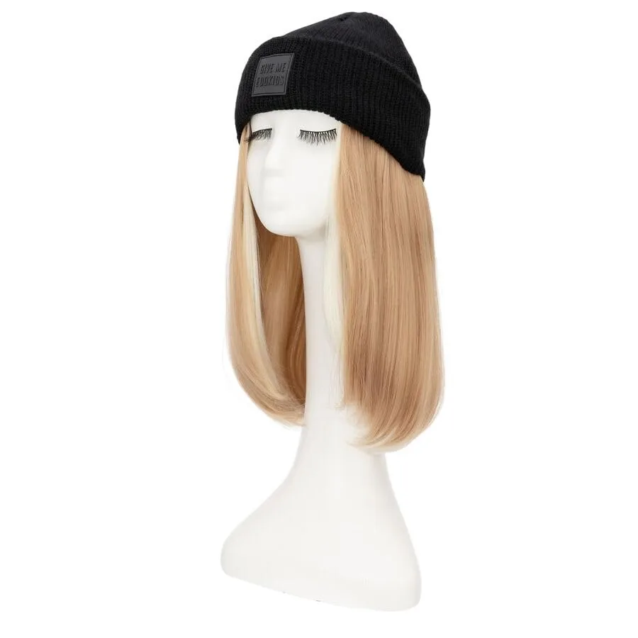 冬の灰色ブロンドショートストレートヘアエクステンション11インチニット帽ヘアピース女性用女の子用：スタイリッシュで暖かいヘアソリューション