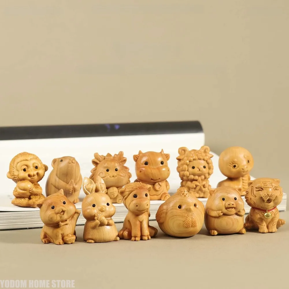 12 Zodiac Wood Carving Set - Rat Cow Tiger Rabbit Dragon Snake Horse Sheep Monkey Chicken Dog Pig Animal Figurines Gift