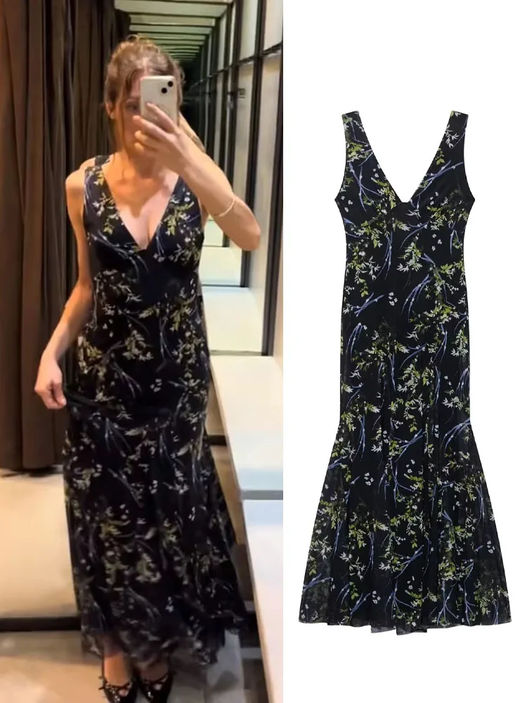 

TRAFZA Women Summer Sleeveless V-Neck Printed Pleated Sling Dress Woman Elegant Sexy Slim Knitted Midi Dress Party Evening Dress