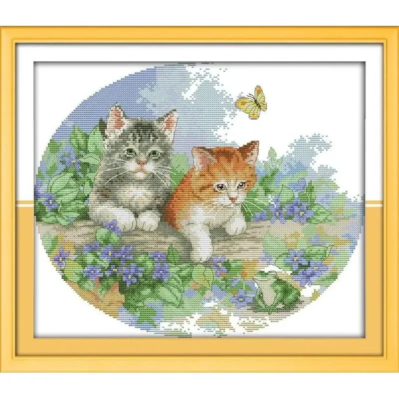 Joy Sunday News Printed Cross Stitch Kit ,  Easy Pattern with Aida and DMC Threads,  Stamped Fabric Embroidery Set-Naughty Kitte