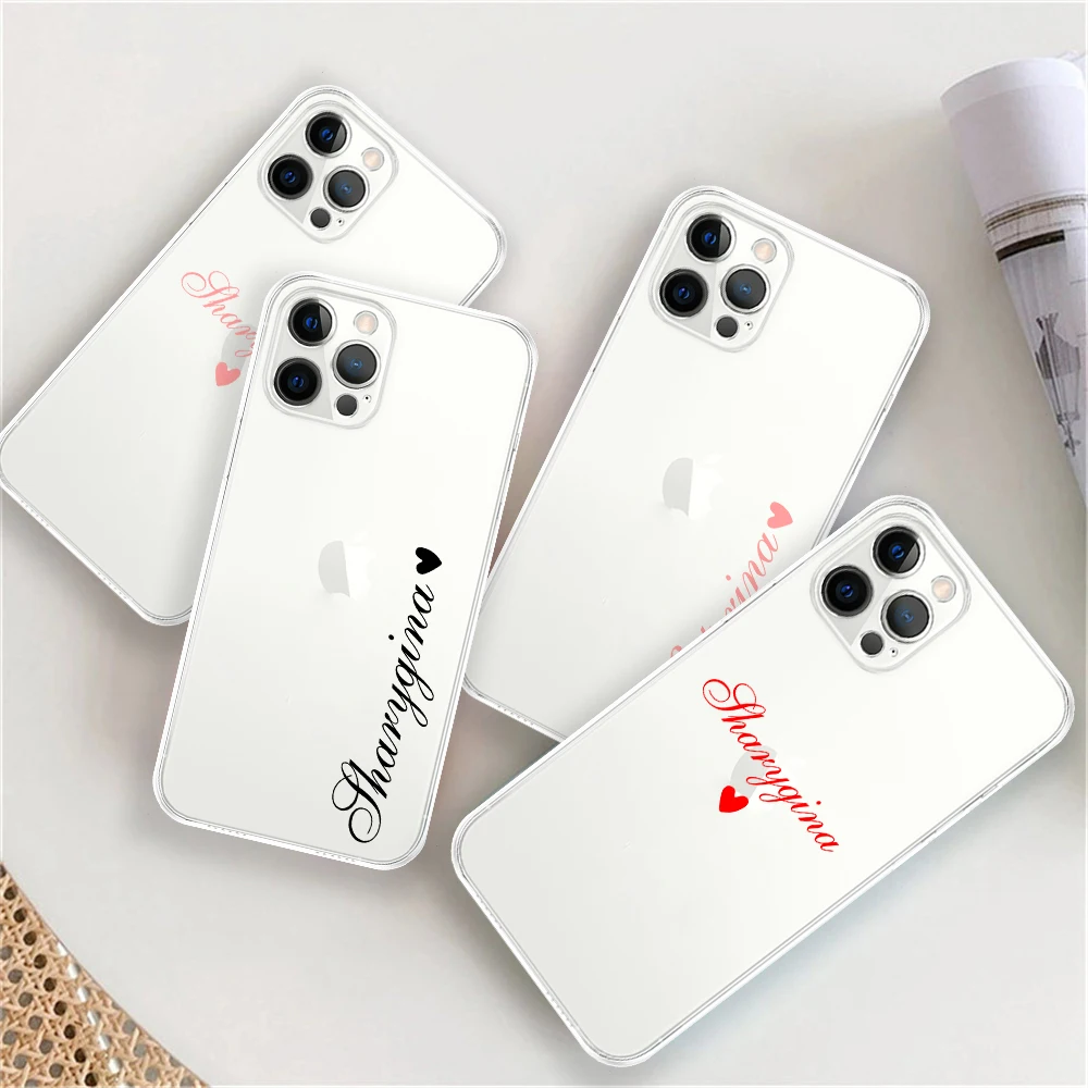 para iPhone 13 12 11 7 8 Plus X XS XR caso personalizado nome personalizado com coração transparente TPU capa macia para iPhone 11