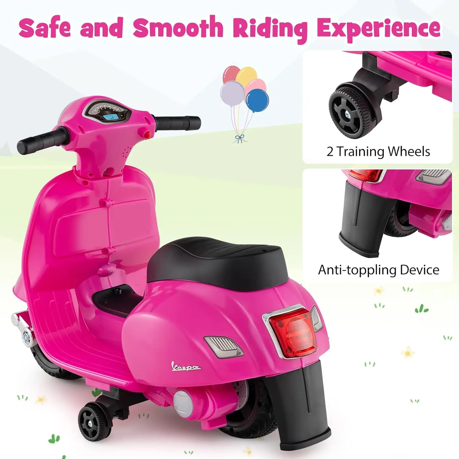 Moto pour tout-petits, moto Vespa sous licence avec roues d'entraînement, phare LED et son de klaxon, jouet, batterie 6V