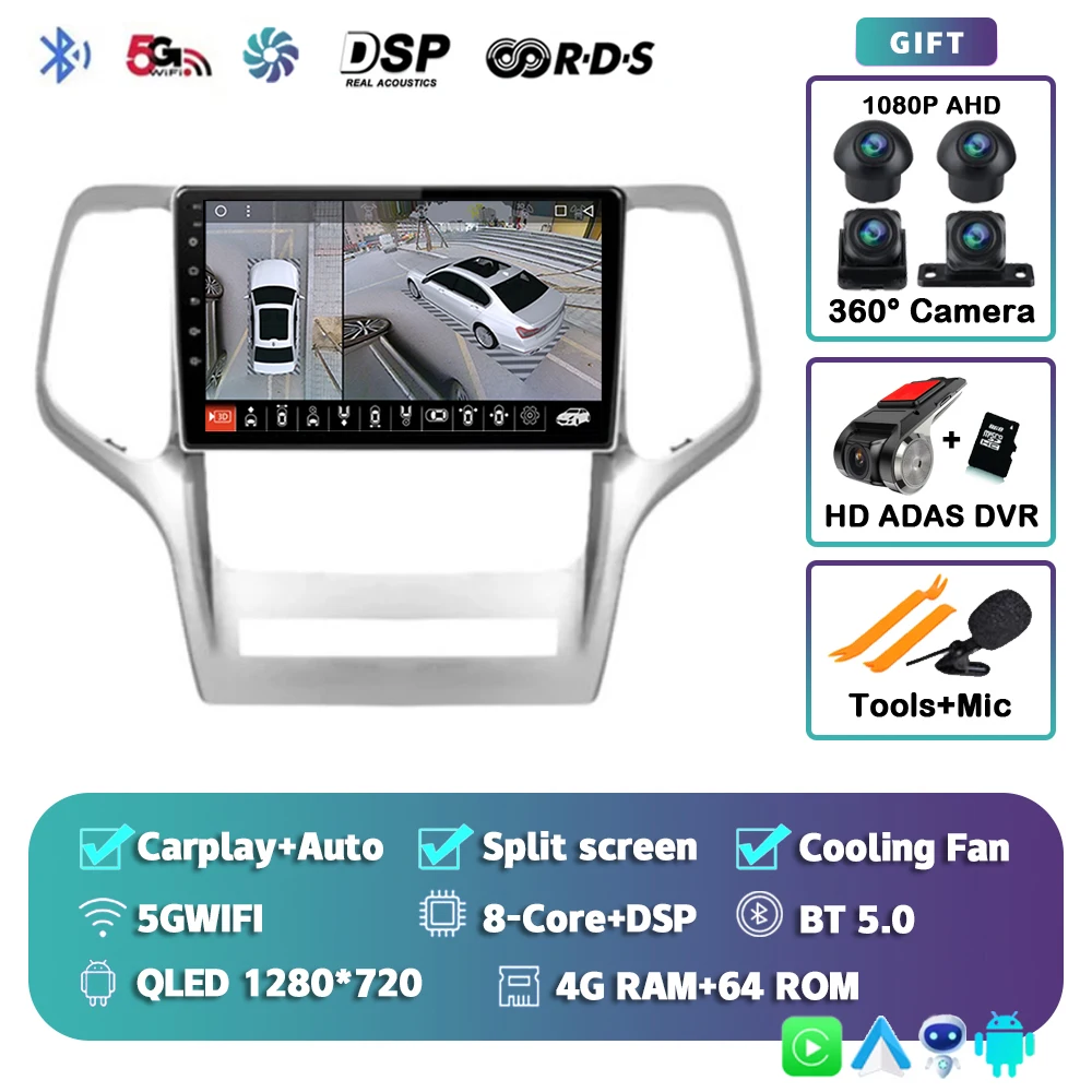 Android 15 voor Jeep Grand Cherokee 2008 2009 2010 2011 2012 2013 QLED scherm autoradio multimediasysteem Carplay Auto navigatie