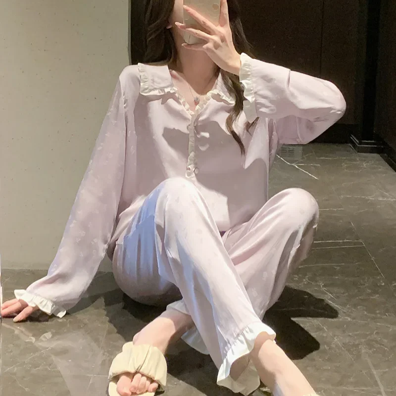 Cute Girl Princess Style Satin Silk New Spring and Summer Long-sleeved Trousers Two-piece Set Student Dormitory Home Wear Pink