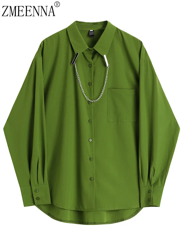 

ZMEENNA Womens Green Shirt Vintage Chain Spliced Loose Lapel Solid Top Casual Oversized Stylish Fashionable Modern Design ZM1085