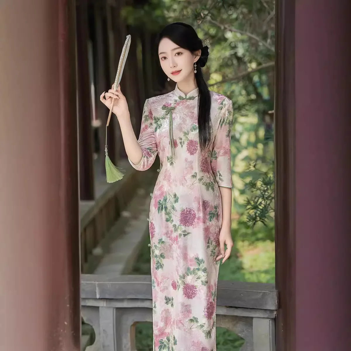 المخملية شيونغسام 2024 الخريف نمط طويل تحسين مزاجه شيونغسام النمط الصيني المألوف شيونغسام تنورة #3