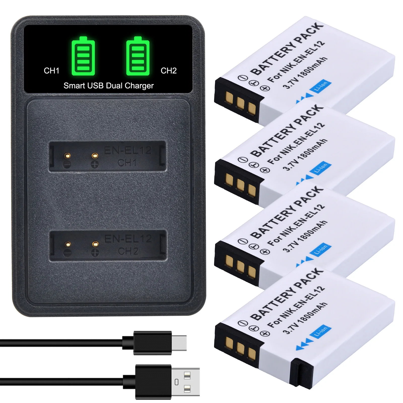Аккумулятор Batmax EN-EL12 1800 мАч + двойное зарядное устройство с LED-индикатором для Nikon Coolpix S610 S610c S620 S630 S710 S1000pj P300 P310 P330 S6200 S6300
