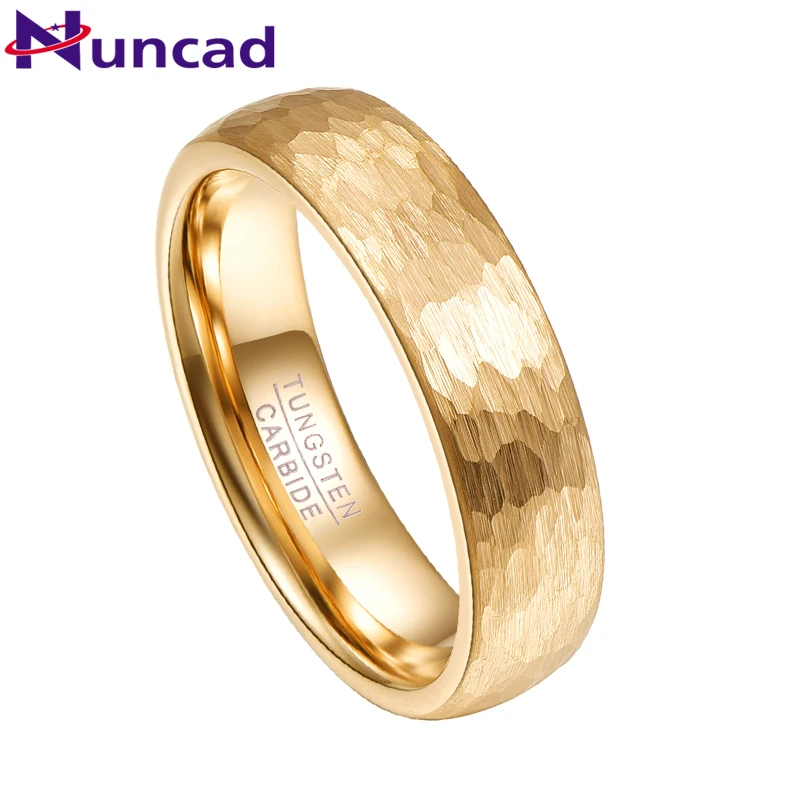 

NUNCAD 6mm 4mm 18k Gold Plated Hammered Tungsten Carbide Ring Domed Comfort Fit Engagement Ring Size 5-12 T070R T071R