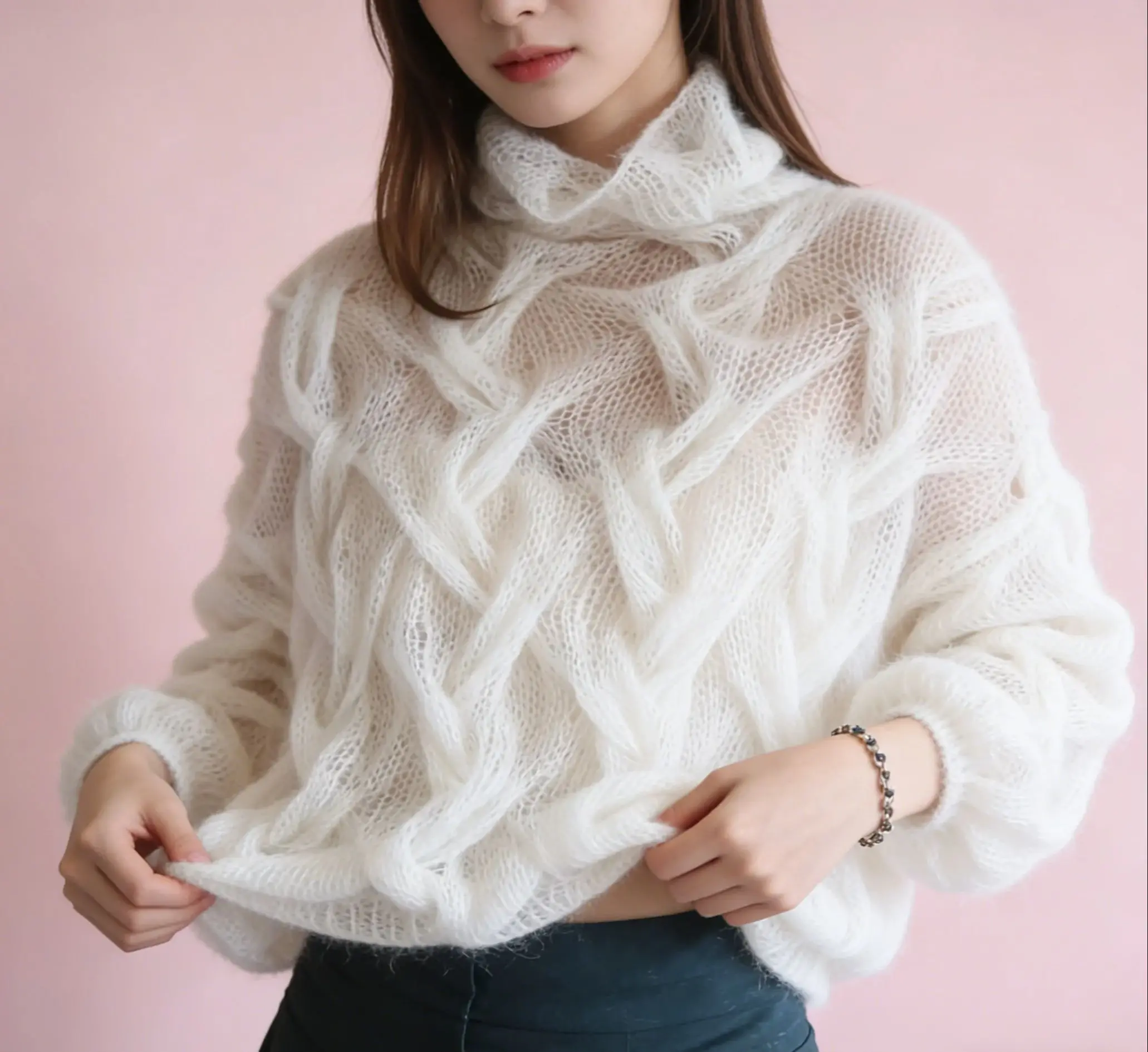 

Women's 3D Cable Knit Turtleneck Sweater Hollow Out Lantern Sleeve Casual Summer Fashion Top