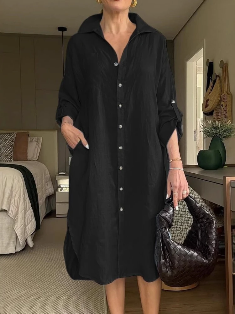 2025 Summer Fashion New Women's Dress Cotton Hemp Shirt Long Skirt Fashion Casual Long Sleeve Cardigan Commuter Dress