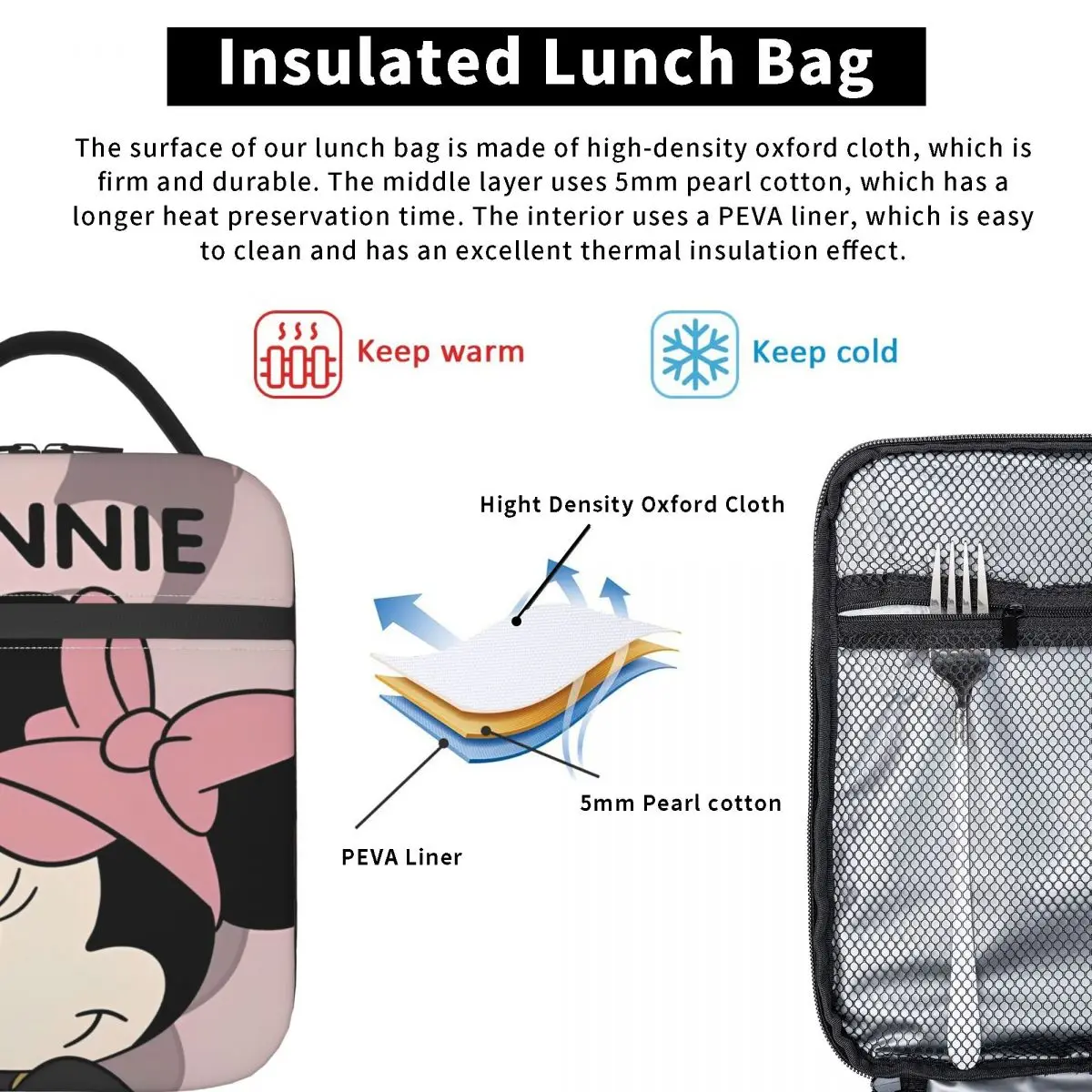 Pink Minnie Mouse Product Insulated Lunch Bag For Work Food Storage Bag Portable Thermal Cooler Lunch Box