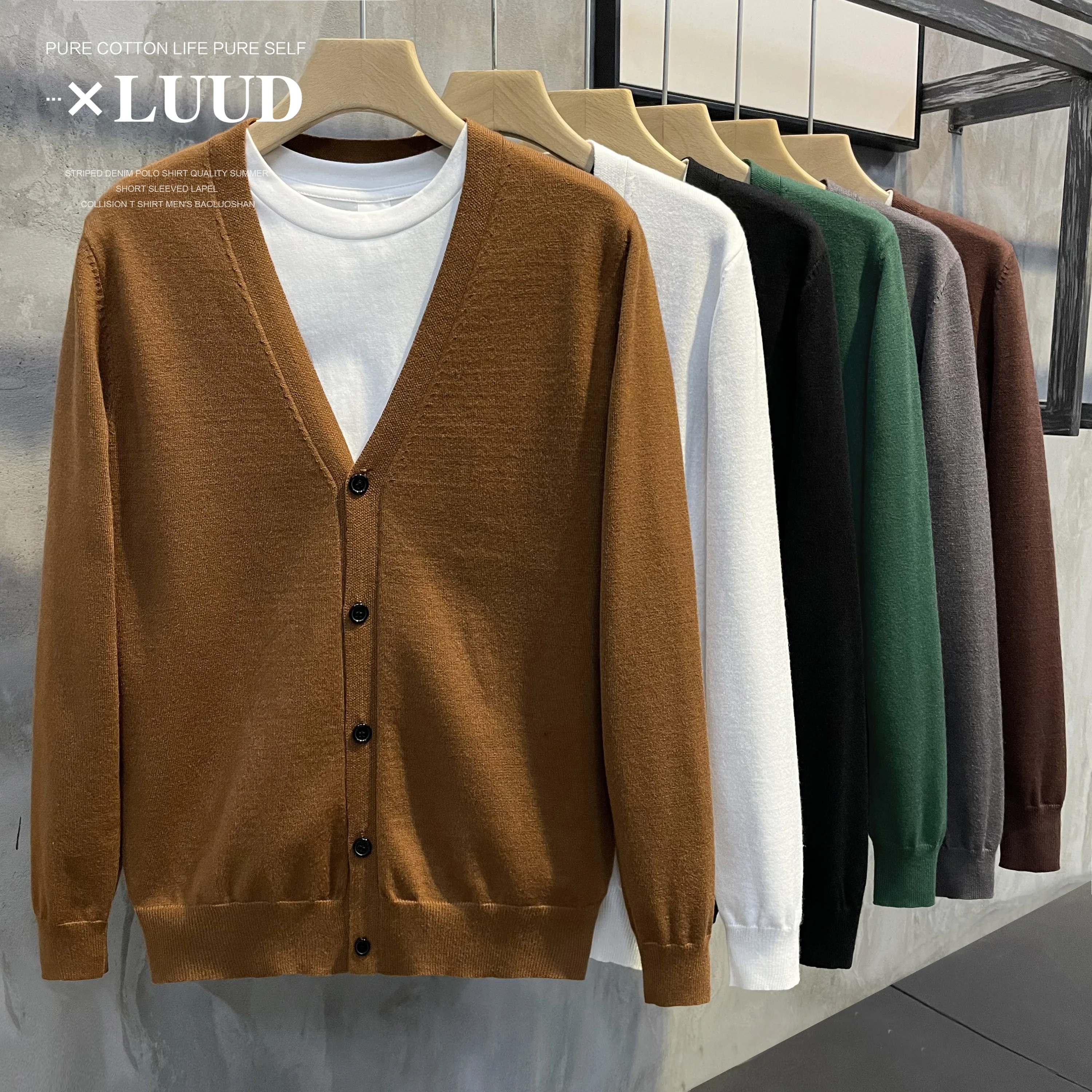 Luud Maglione da uomo lavorato a maglia con scollo a V e bottone singolo Versatile autunno inverno Cappotto lungo casual in puro colore casual