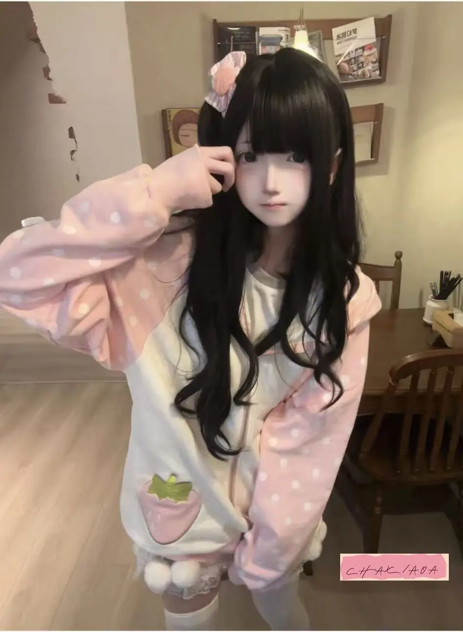 레이스 패치워크 물방울 무늬 루즈 캐주얼 두꺼운 스웨터 재킷 후드 딸기 토끼 귀 귀여운 핑크 겨울 하라주쿠 Y2K 여성용