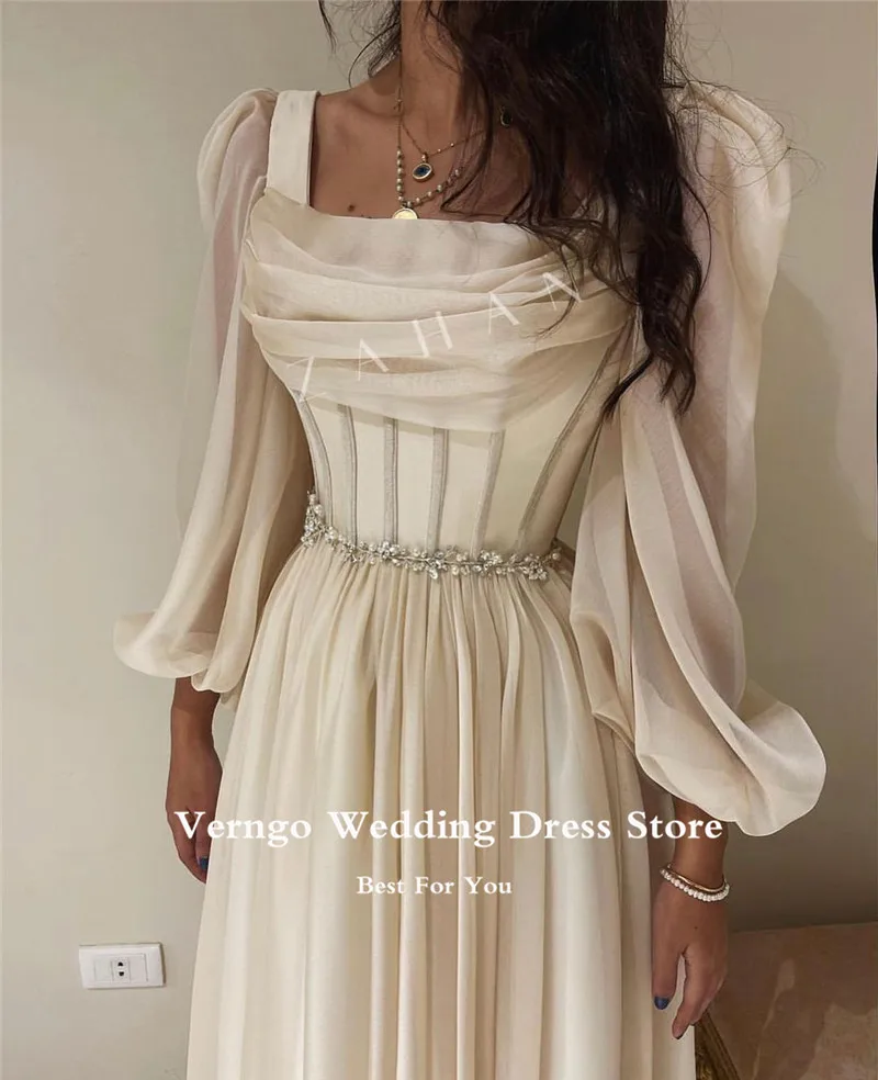 Verngo Vintage Lined Long Sleeves Bride Party Dresses Ankle Length Midi Prom Gowns Tiered Formal Women Evening Dress Wedding