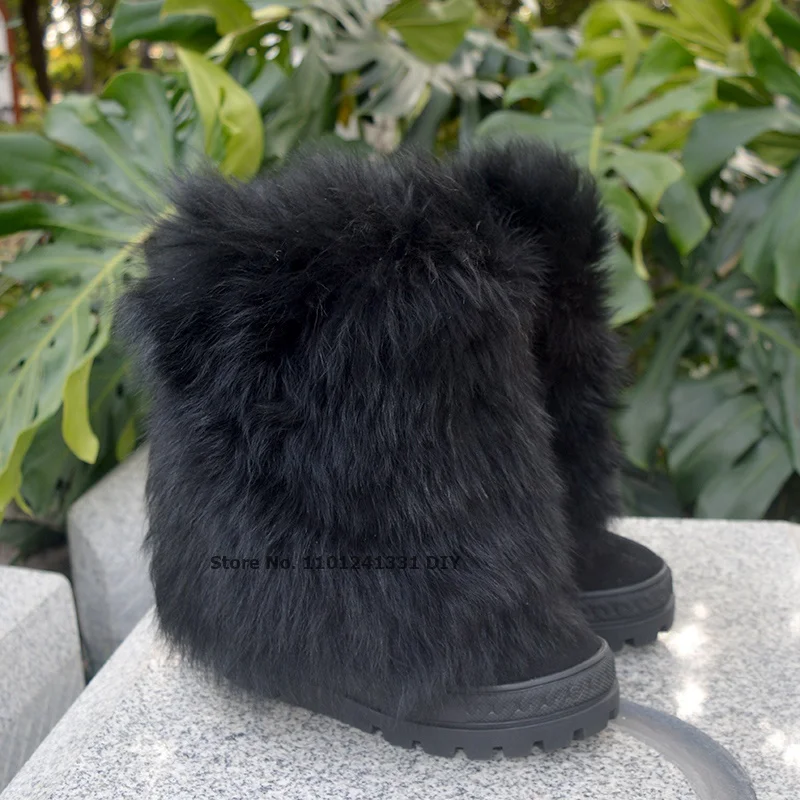 Women 10cm Wedge Heeled Winter Black Fur Inside Boots Gladiator Black Leather Snowboots Warm Shoes