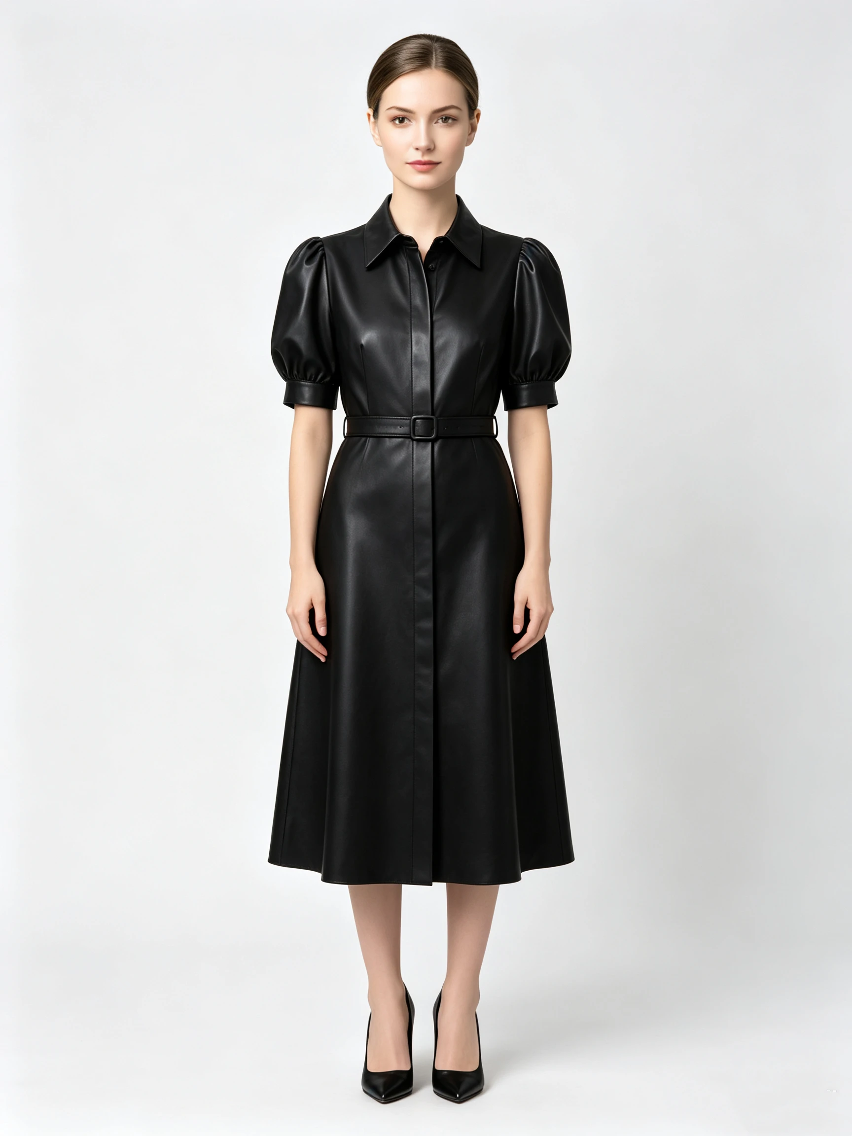 Women's Faux Leather Shirt Dress with Puff Sleeves and Belted Waist