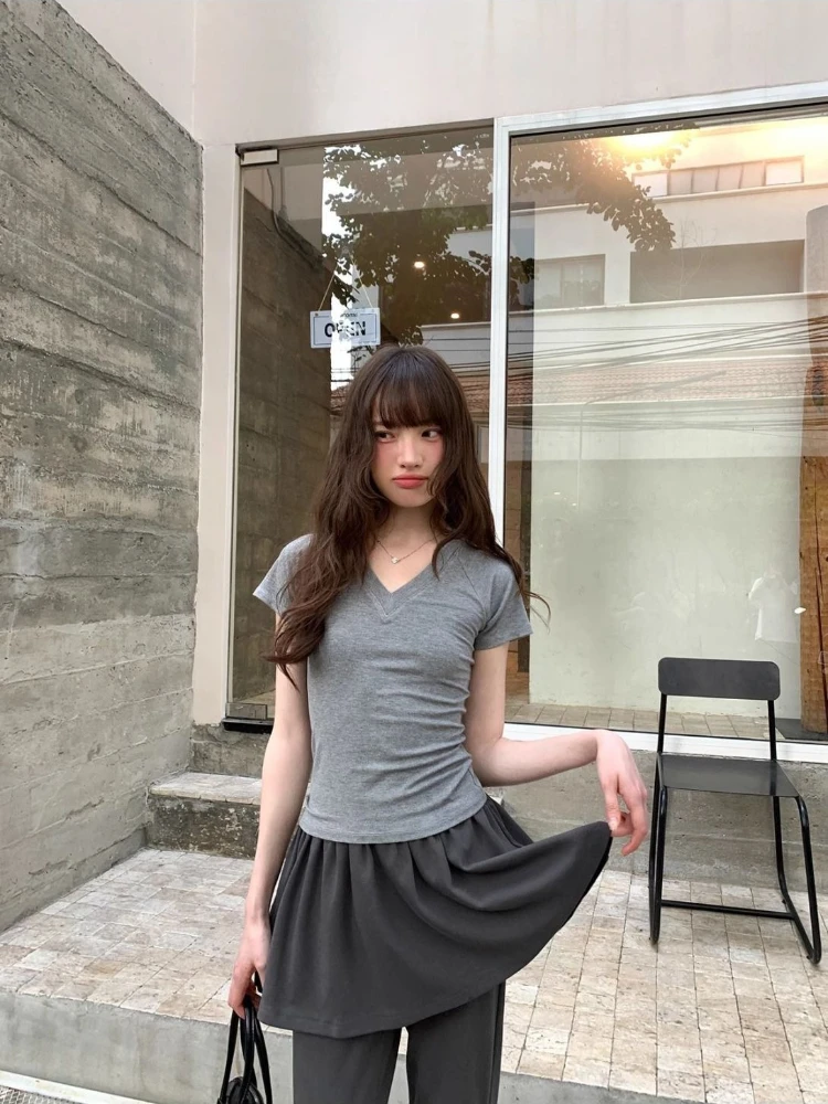 Deeptown Gray Fake Two-Piece Flared Pants Women Korean Fashion Skirts Patchwork Trousers Slim Casual Street Coquette Pantalones