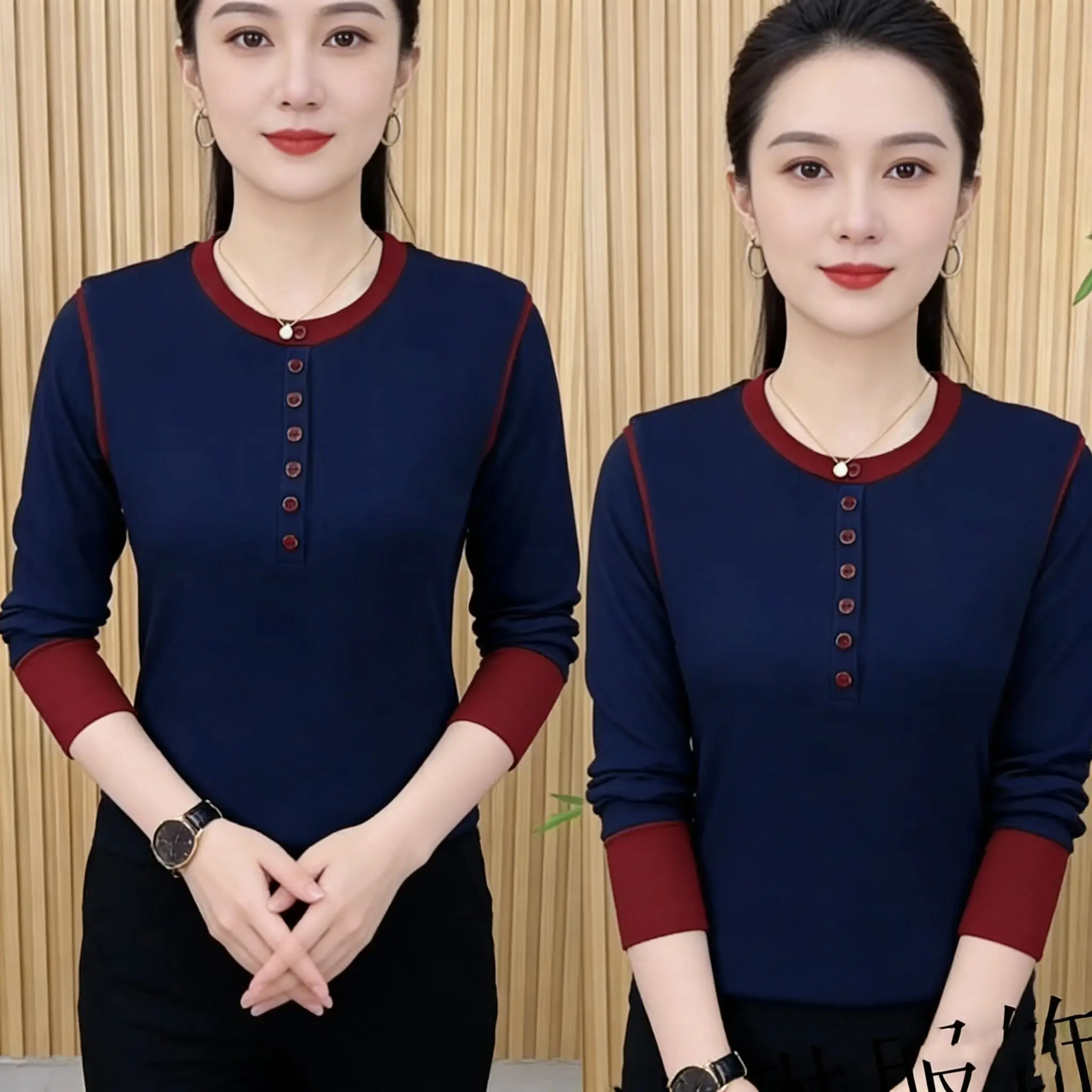 Mom Style Long Sleeve round Neck T-Shirt Slimming Base Layer Shirt for Middle-Aged And Elderly Women Casual Loose Fit Autumn ...