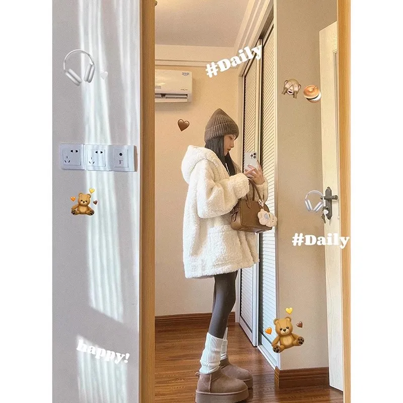 Hooded Lamb Wool Cotton Coat for Women in Autumn Winter 2024 Loose Lazy Temperament Versatile Warm Thick Cotton Clothing Trendy