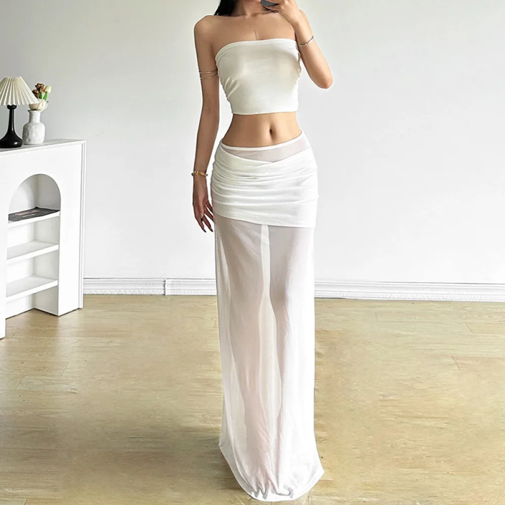 Sylcue شبكة المرقعة التنانير الطويلة النساء 2025 الاتجاه الجديد Ruched مرونة الخصر الشارع موضة تنوعا Y2K نمط قيعان أنيقة