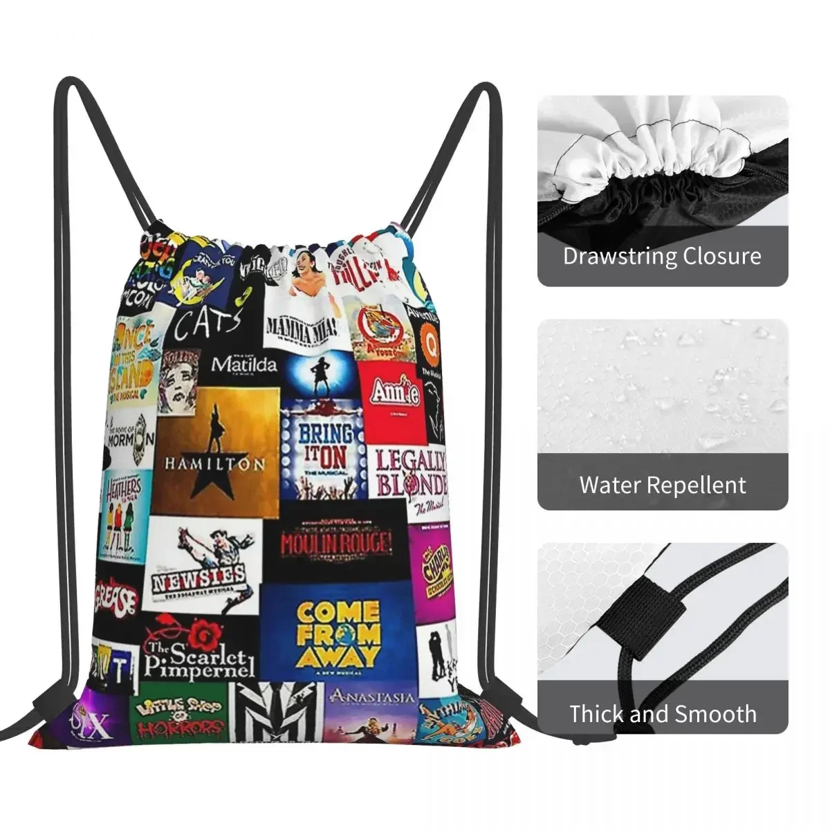 Broadway Show Logo Collage Mochilas, sacos de cordão portáteis Bundle Pocket Storage Bag, Bookbag para homens e mulheres, estudantes