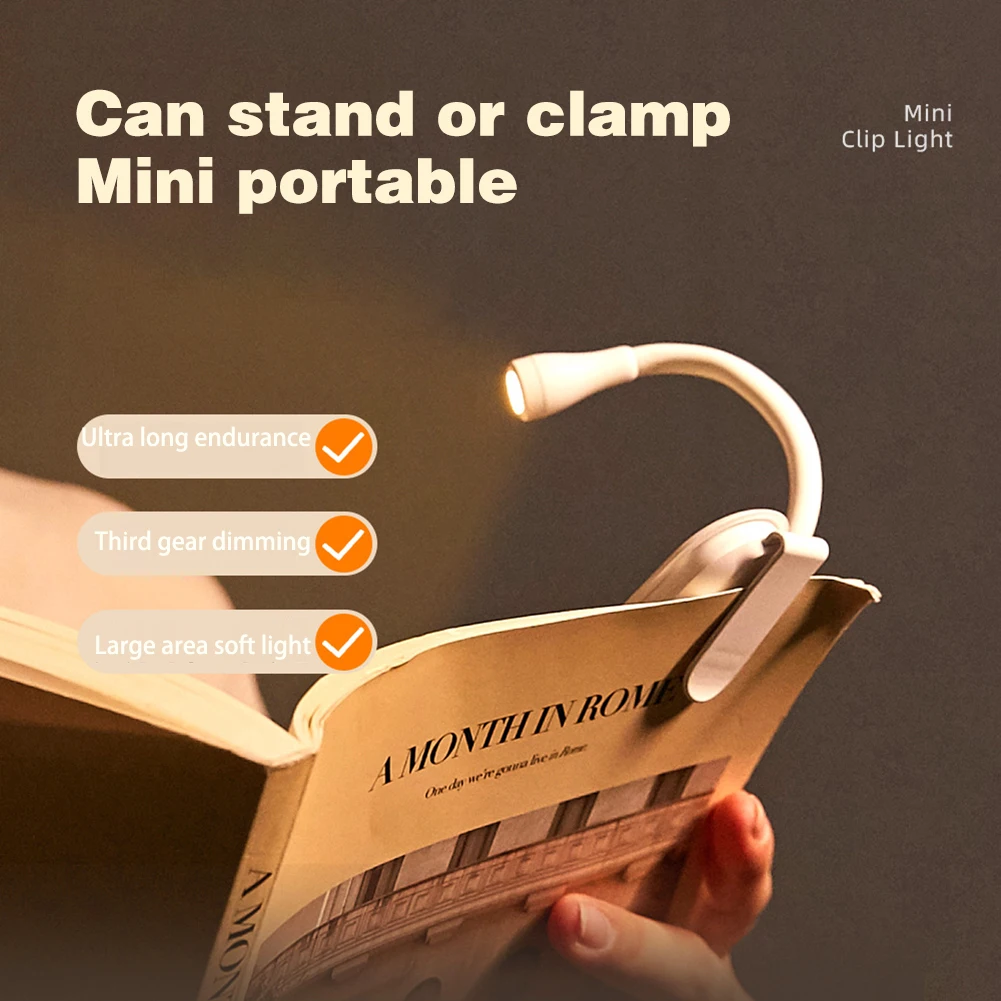 Luz de leitura LED recarregável com clip, proteção para os olhos, luz noturna, 360 ° Rotatable Desk Lamp para viagens, Home Book Light, Hot