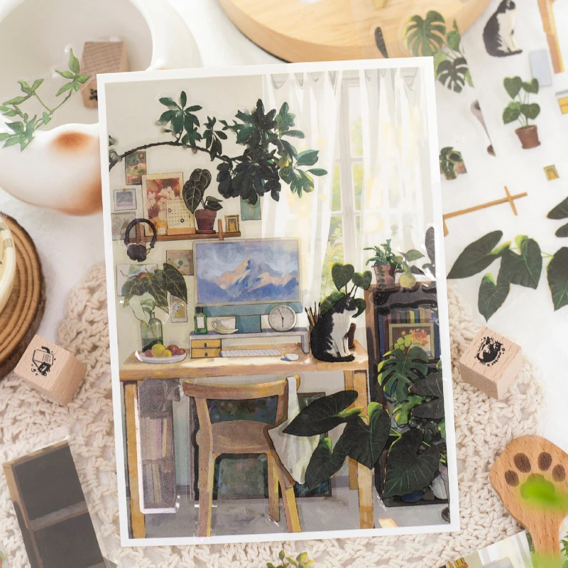 Cozy Healing Home & Study Scene Landscape Stickers, Base Decor Paper for Greeting Cards, Great for Leisure Time & Perfect Gifts