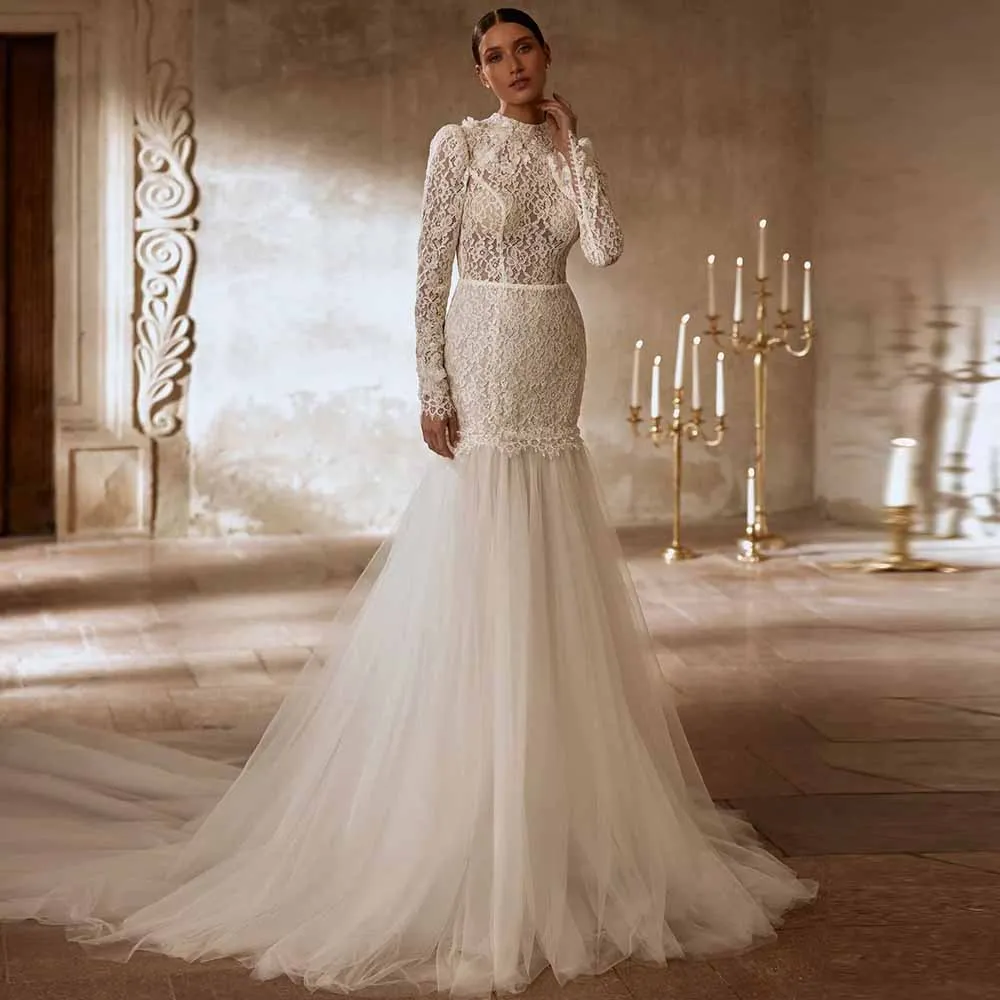 Luxury Women's Wedding Dresses Long Tulle Mermaid Wedding Party Dresses Ivory Turtleneck Lace Backless Tailing Wedding Dresses