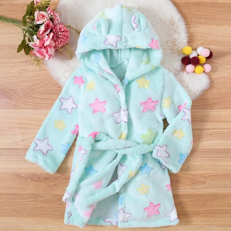 Kids Flannel Robes Lovely Cartoon Cat Pattern Hooded Sleepwear Boys Girls Cozy Warm Pajamas Stylish Bathrobes Loungewear 1-7Y