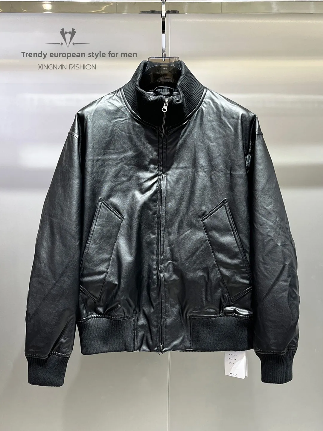 

Retro Stand Collar PU Leather down Jaet Men's ort Bla Simple Versatile Youth Warmth Leather Coat Outerwear