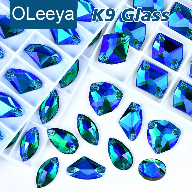 OLeeya Emerald AB Chamfer AAAAA Top Quality K9 Glass Sew On Rhinestones Crystal Sewing Flatback Stones For Clothes Wedding Dress