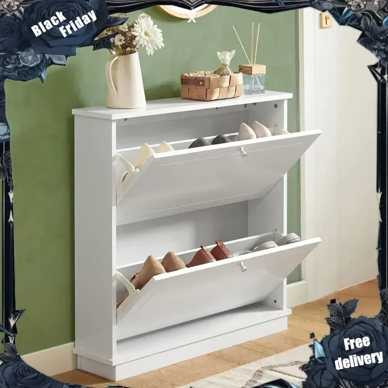 

White Shoe Cabinet with 2 Flip-Drawers, Freestanding Shoe Rack, Narrow Shoe Organiazer(7.1" D x 29.9" W x 30.7" H)