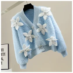 Luxury Women Diamonds Beads 3D Flowers Knitted Sweater Coat Mohair Crocheted Cardigan V-neck Mink Cashmere Kniwear OL Crop Tops