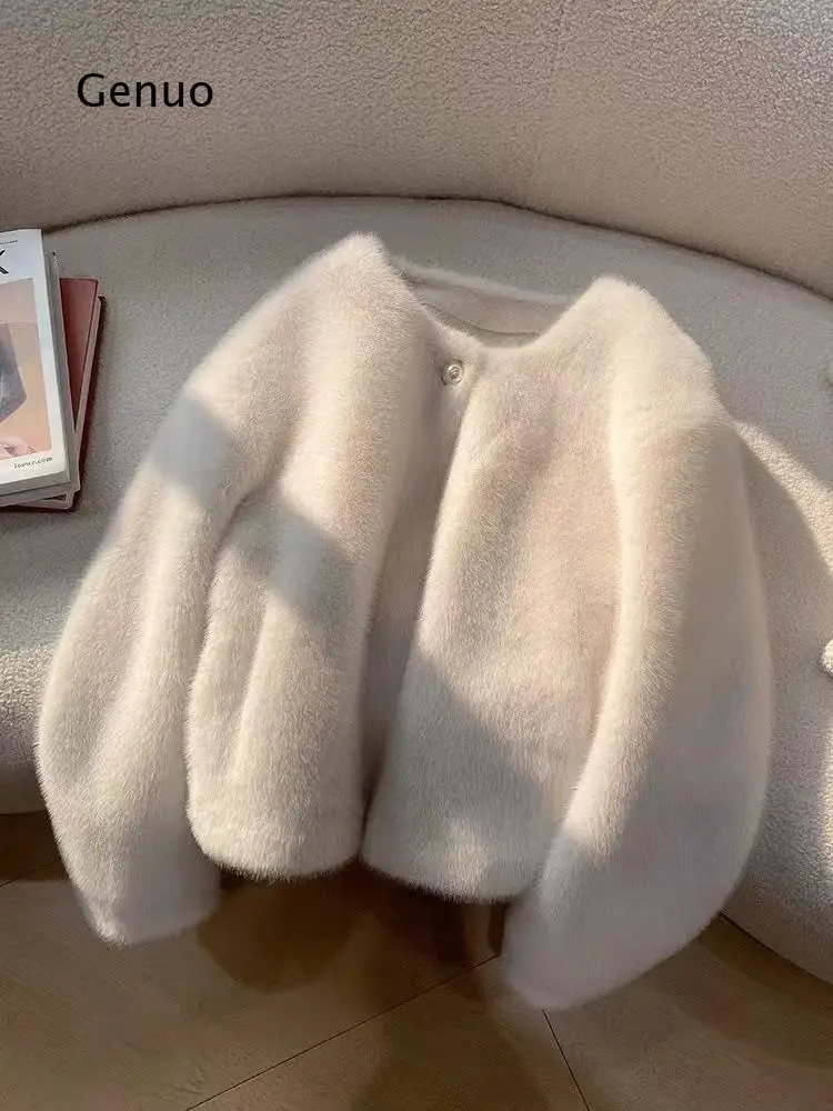 Women White Faux Mink Fur Coat Short Sleeve Winter Warm Overcoat Thick Fluffy Outerwear for Daily Casual Party Travel Wear