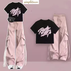 2024 Summer Sweet Cool Set Women's Korean Design Short sleeved T-shirt+High Waist Wide Leg Pants Two Piece Set