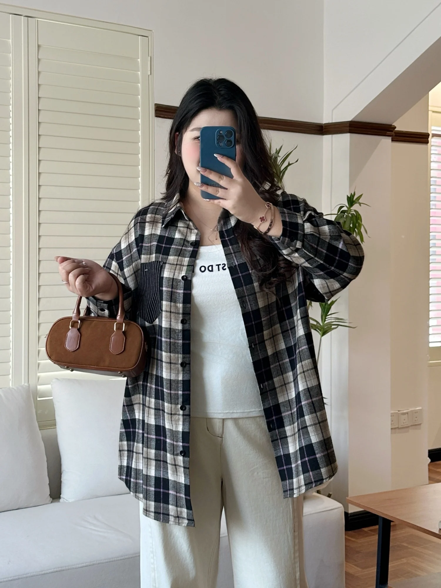 

Spring New plus Size Women's Shirt Casual Commute Style Plaid Turn-down Collar Lazy Fashion Versatile Top for Ladies