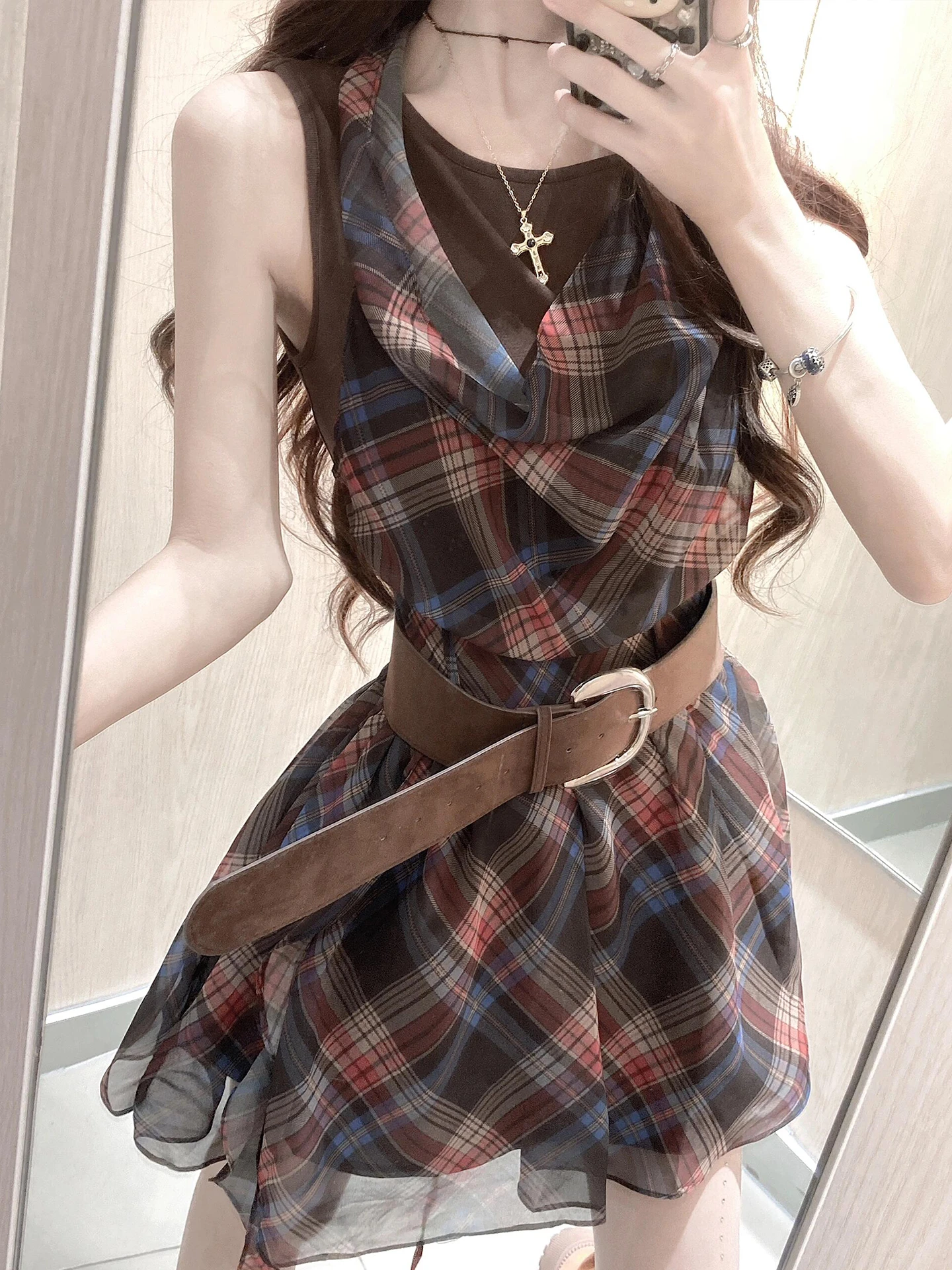 Khaki Plaid Svel Vest Dr Women's Summer New Sle High Waist A-Line Skirt Set Soft Comfortable Polyester Fiber