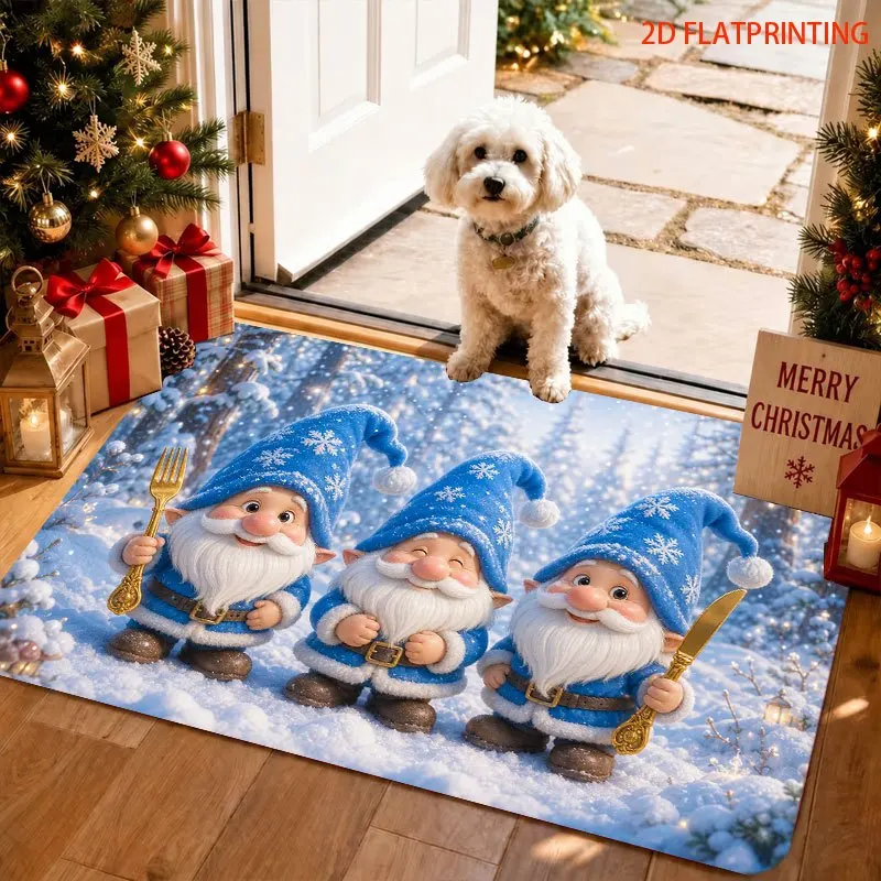 Cold Blue Nordic Winter Dwarf Snow Scene Print Durable Washable Doormat For Festive Season Front Door Style
