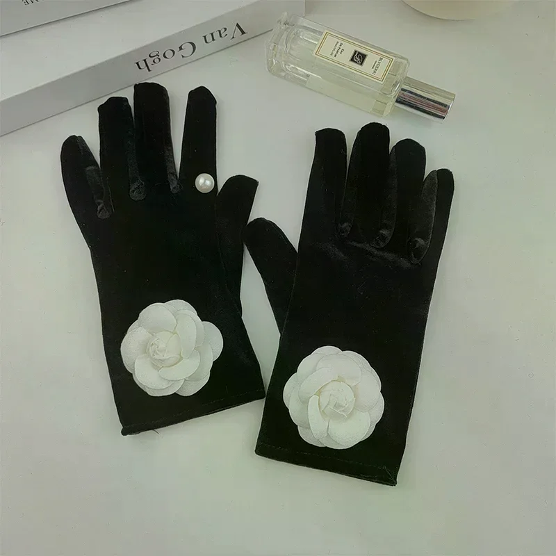 

Французские ретро бархатные перчатки с жемчугом и камелией, женские свадебные фотографии, дорожная одежда, аксессуары