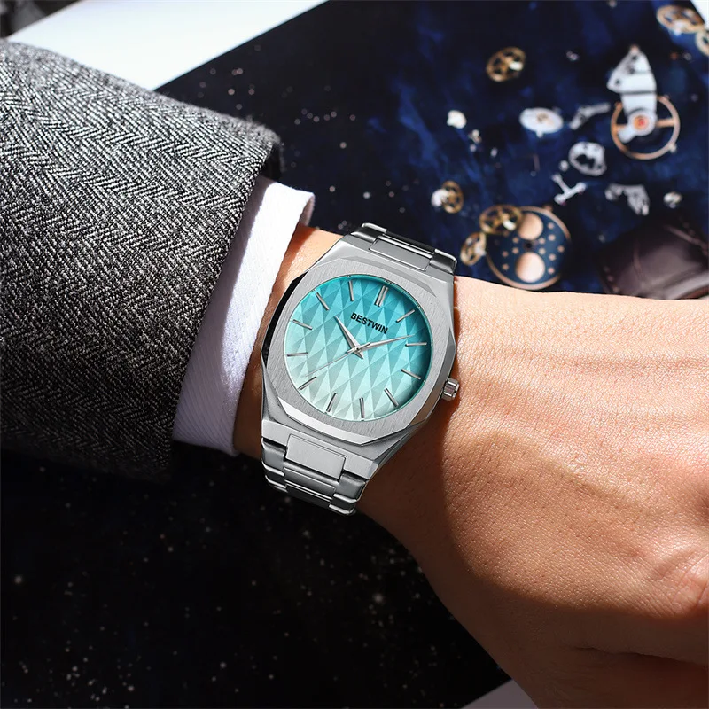 BESTWIN 983 التدرج شخصية موضة ساعة رجالي الفولاذ المقاوم للصدأ مقاوم للماء ساعات كوارتز للرجل Relojes Para Hombres