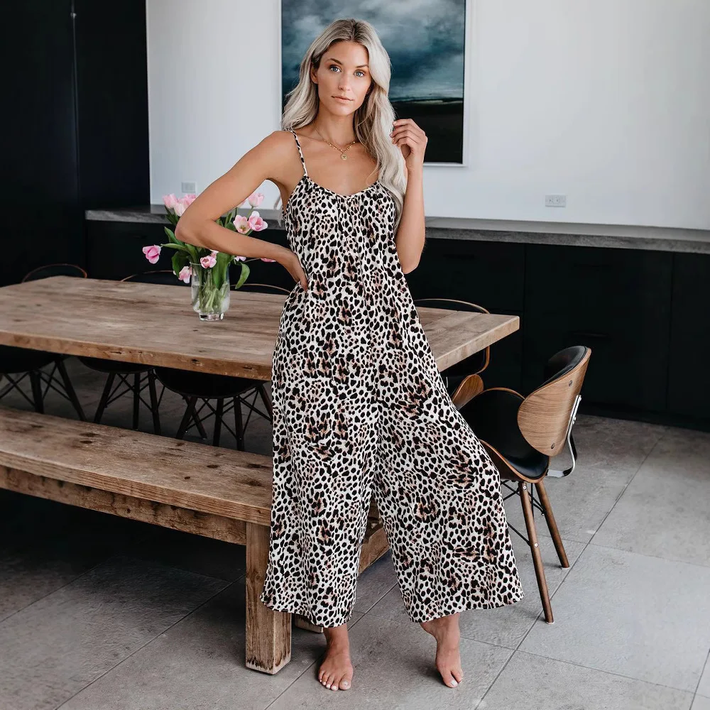 Women Summer Halter Sleeveless Jumpsuit Print Patchwork Wide Leg Pants Playsuit Hollow Out Backless Lace-Up Bodysuit Streetwear