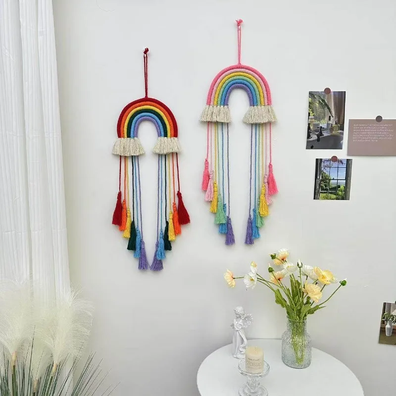 Ins‑Style Nordic Multicolor Rainbow Macrame Wall Hanging Handmade Cotton Rope Ornament for Kids Room Home Decor