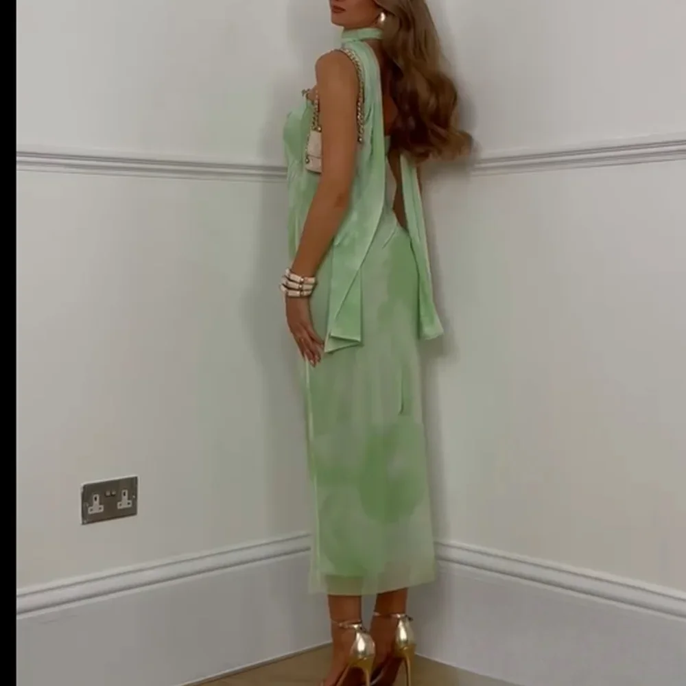 KONDALA-Donna Verde Stampa Sciarpa Maglia Abito longuette Cami Abito lungo 2025 Nuova primavera estate autunno Moda Vacanza Beach Party Dress