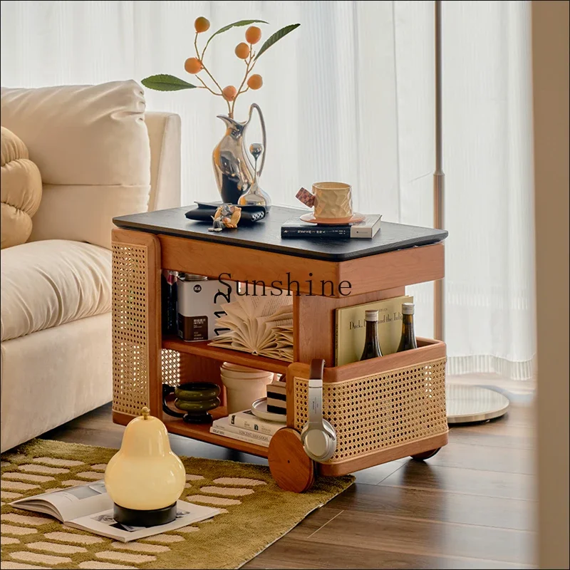 Solid wood lifting sofa side cabinet movable trolley cherry wood home living room rotating coffee table